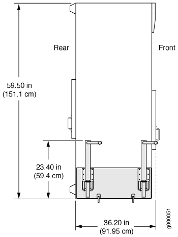 Technical diagram of rectangular equipment with dimensions: Height 59.50 inches, Width 36.20 inches, Depth 23.40 inches, labeled Front and Rear sides.