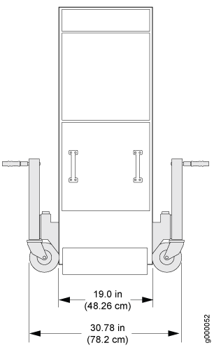 Technical drawing of a wheeled cart with dimensions 19.0 inches wide and 30.78 inches tall, featuring two wheels and side handles.