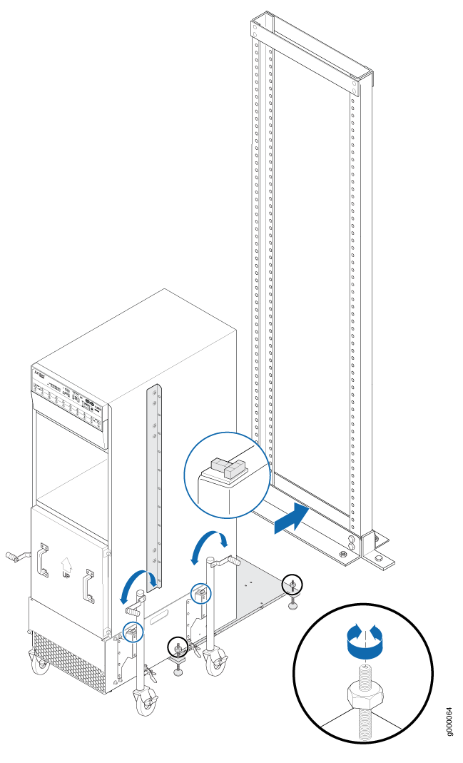 Assembly guide for mounting a server into a rack frame with perforated rails, using screws and brackets. Highlights include adjustable feet, casters, and zoomed-in views of locking mechanisms.