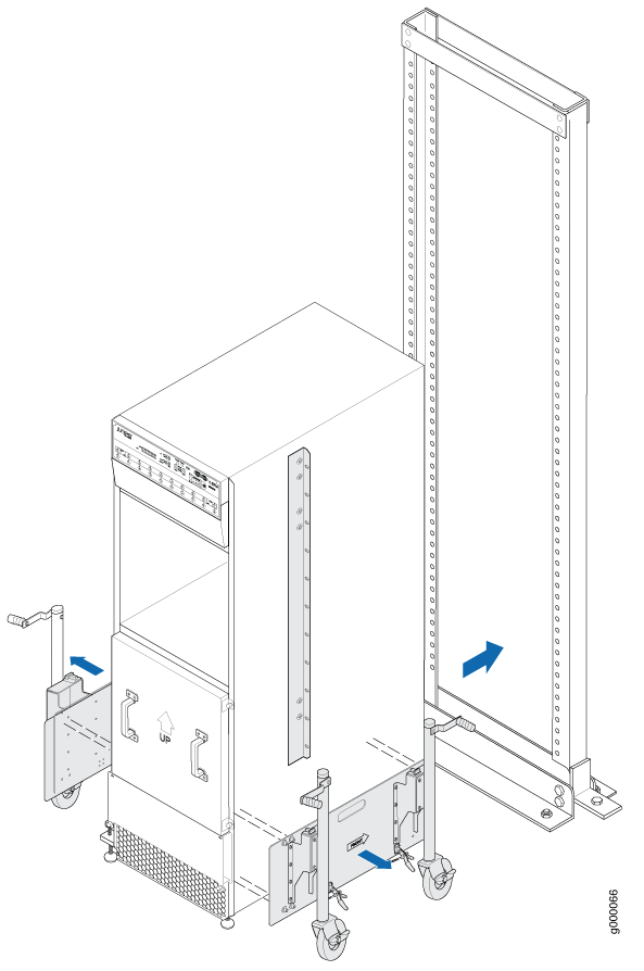 Server installation illustration showing a server unit, rack frame, and mounting brackets with arrows indicating positioning direction.