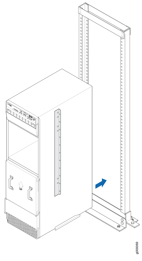 Server installation into a rack with handles and an UP arrow indicating orientation. Blue arrow shows direction for insertion.