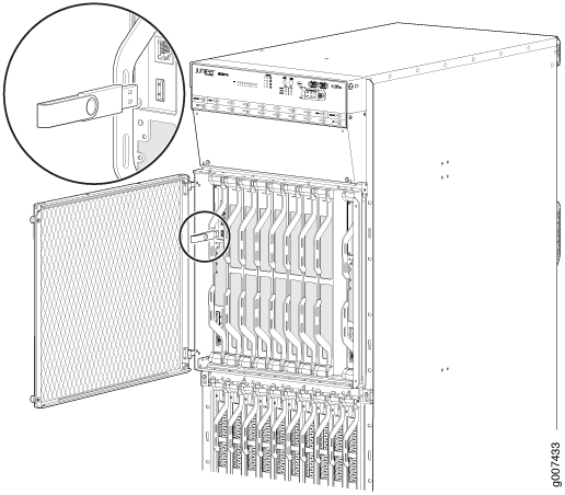 Network equipment chassis with open front panel showing internal slots for line cards and zoomed-in locking mechanism.