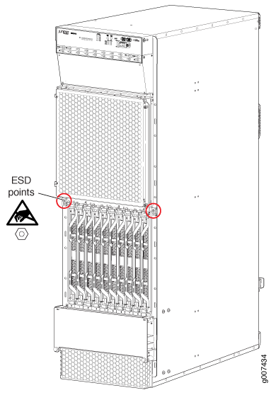 Technical diagram of a Juniper Networks router chassis with slots for modules and red-circled ESD points.