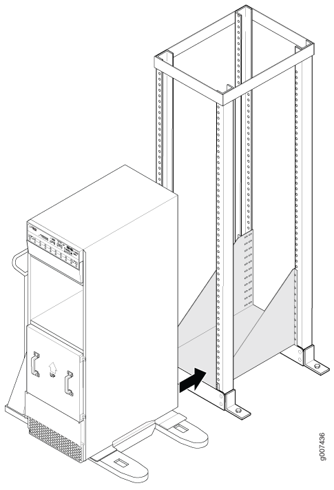 Server being installed into an open-frame rack with an arrow indicating the insertion direction.