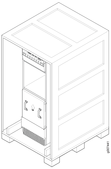 Shipping crate enclosing server on a pallet base with removable front panel revealing ventilation and ports.