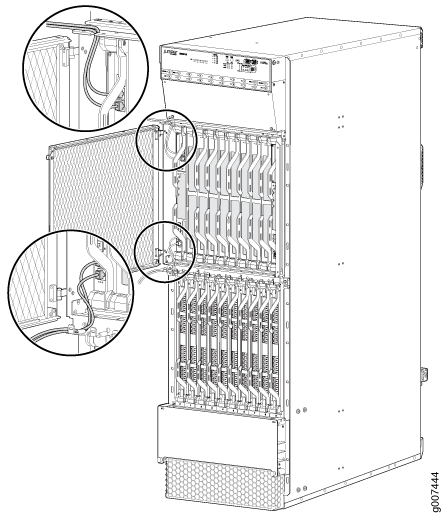 Juniper Networks equipment rack with slots for modules, highlighted insets showing connections and internal components.