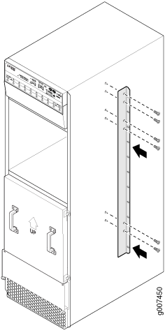 Side view diagram of a refrigeration unit highlighting installation of a vertical rail system with arrows showing attachment directions, includes handles, vents, and control panels.