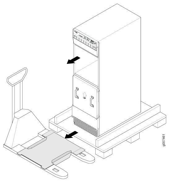 Pallet jack lifting a server on a pallet with arrows indicating movement for transport or installation.