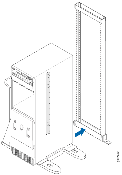 Server installation into a rack with blue arrow indicating movement direction in a data center setting.