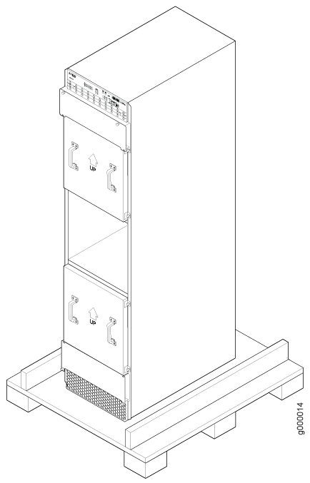 Industrial equipment cabinet on a wooden pallet with compartments, control panel, and directional arrows.