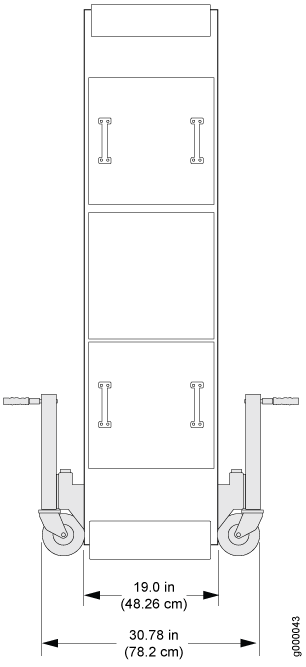 Technical drawing of a wheeled cart with dimensions: width 19.0 inches, length 30.78 inches, featuring side handles, bottom wheels, and rectangular storage sections.