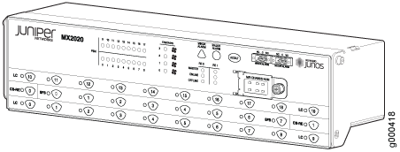 Juniper Networks MX2020 router front panel with ports, indicators, and slots for line cards, designed for large-scale networks.
