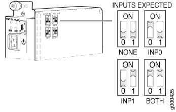 Diagram of a PLC module with input configuration switches labeled INPUTS EXPECTED; options are NONE, INP0, INP1, and BOTH.