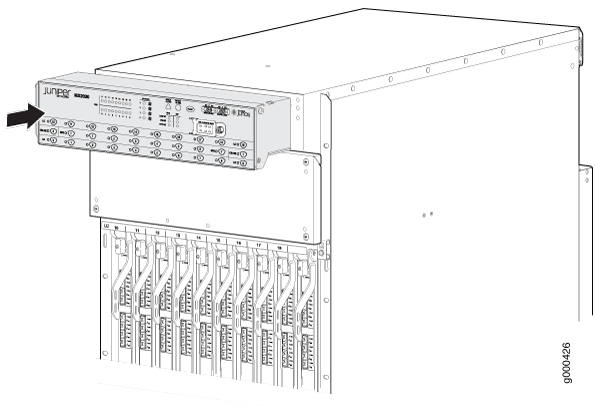 Juniper Networks router highlighting the Routing Engine module responsible for control plane functions.