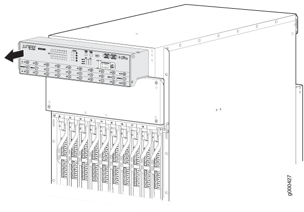 Juniper Networks router front panel with arrow pointing to the Routing Engine module above slots for line cards.