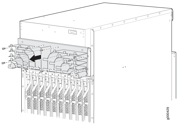 Technical illustration of a server rack with network switches and cables connected. Arrow indicates installation or maintenance point.
