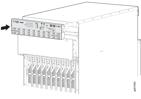 Juniper Networks MX Series router front panel with control board and line cards for network connectivity and processing.