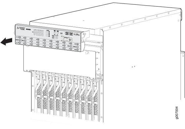 Juniper Networks MX Series router front panel with modular slots and control panel for network management.