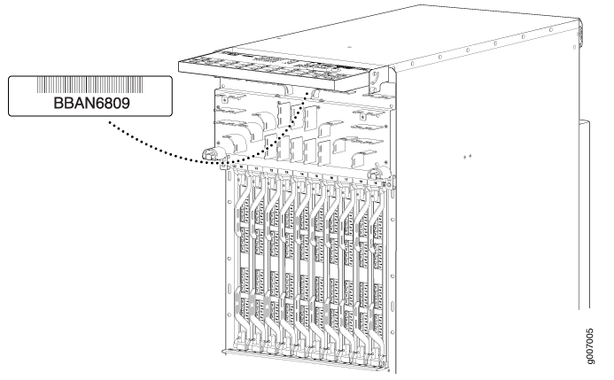 Rack-mounted telecommunications system with vertically slotted circuit boards and label BBANG009 for inventory tracking.