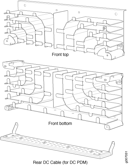 Technical drawing of a cable management bracket with parts labeled: Front top, Front bottom, Rear DC Cable for DC PDM.