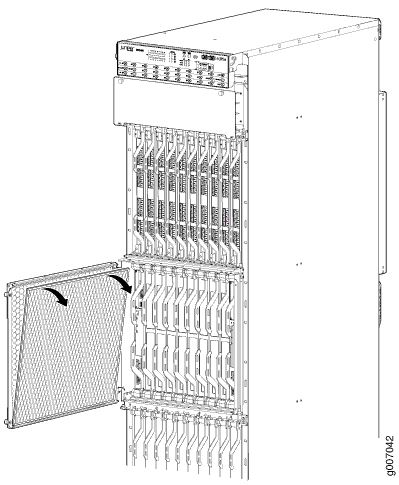Network equipment rack with open panel exposing multiple slots for modules and internal components for housing network hardware.