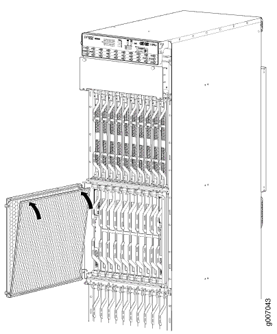 Technical drawing of a modular telecommunications equipment rack with open door showing vertical circuit boards.