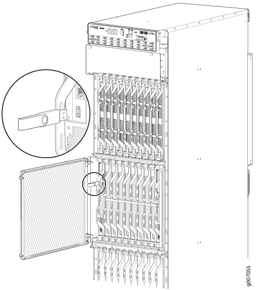 Technical illustration of a Juniper Networks router or switch chassis with line cards for network connectivity, control modules, and cooling system.