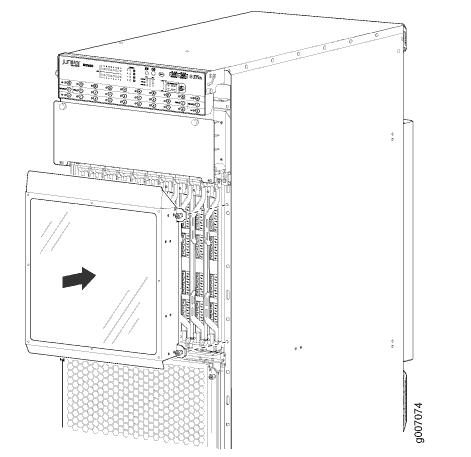 Technical illustration of an open network equipment rack showing circuit boards and connectors. Arrow indicates panel direction.