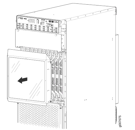 Technical illustration of an electronic equipment rack with a front panel featuring ports and controls. Open door shows circuit boards and wiring.