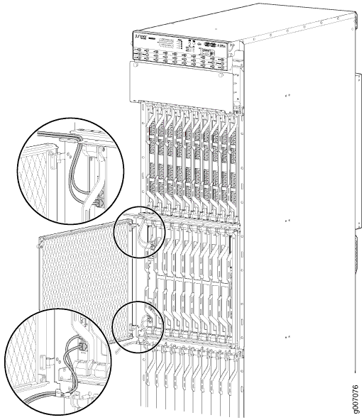 Technical illustration of a telecommunications equipment rack with modular slots for line cards. Circular insets show cable connections and airflow management details.
