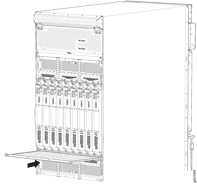 Technical illustration of a server chassis with multiple slots for components and a fan tray at the top. Arrow shows a removable panel at the bottom.