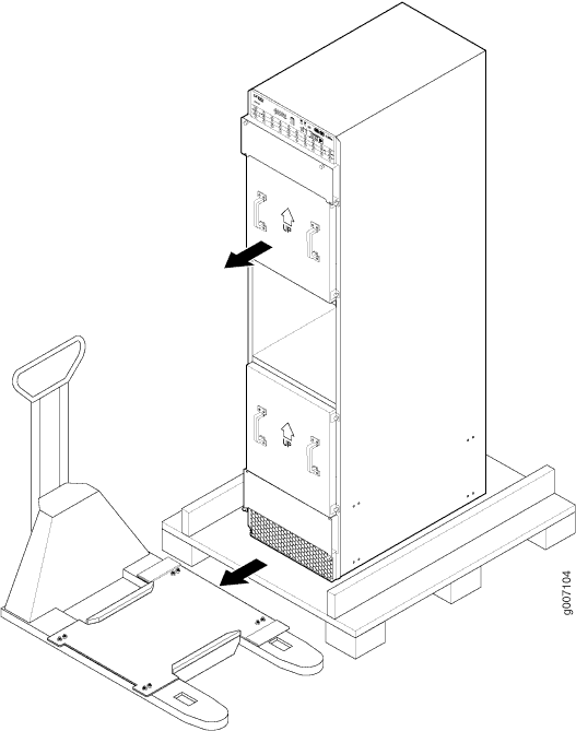 Server cabinet on a wooden pallet with lifting tool nearby, indicating panel removal or adjustment for data center setup.
