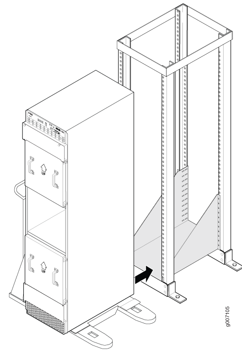 Server unit being installed into an open-frame rack with directional arrow indicating alignment.