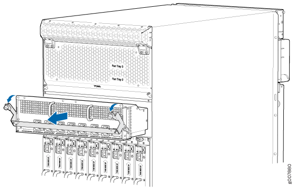 Server chassis illustration showing fan tray removal or insertion with directional arrows.