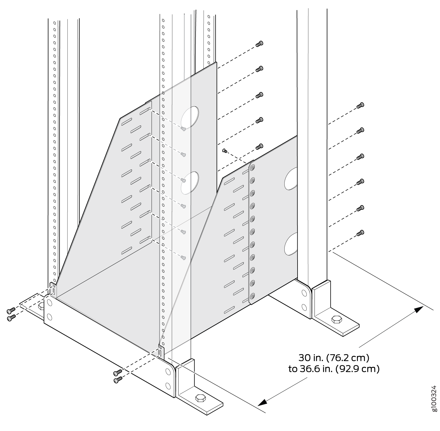Assembly guide for structural component with vertical beams, diagonal brace, and adjustable base width from 30 to 36.6 inches secured with screws and bolts.