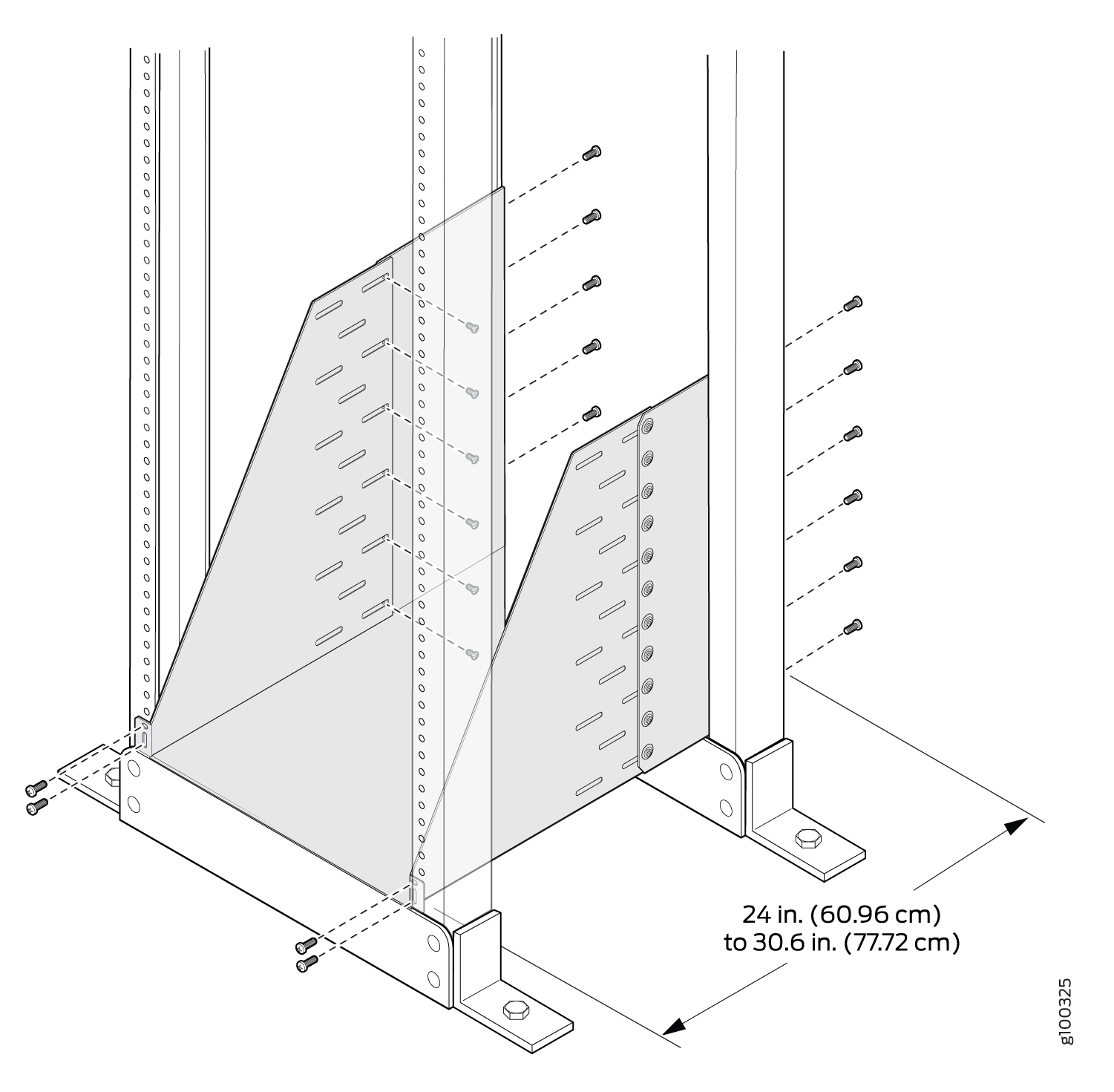 Assembly diagram of a shelving component with vertical beams, diagonal braces with slotted holes, and adjustable width from 24 to 30.6 inches.