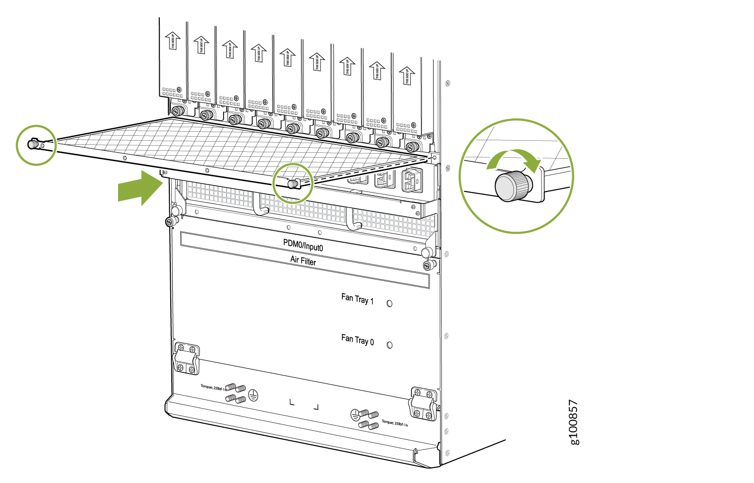 Air filter tray installation or removal process in server equipment; rotate knobs to secure or release the tray.