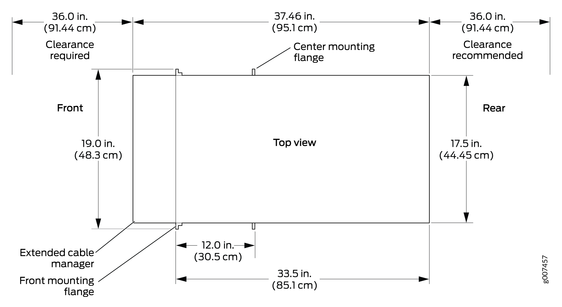 Chassis Dimensions and Clearance Requirements for the MX2020 Router with the Standard Cable Manager