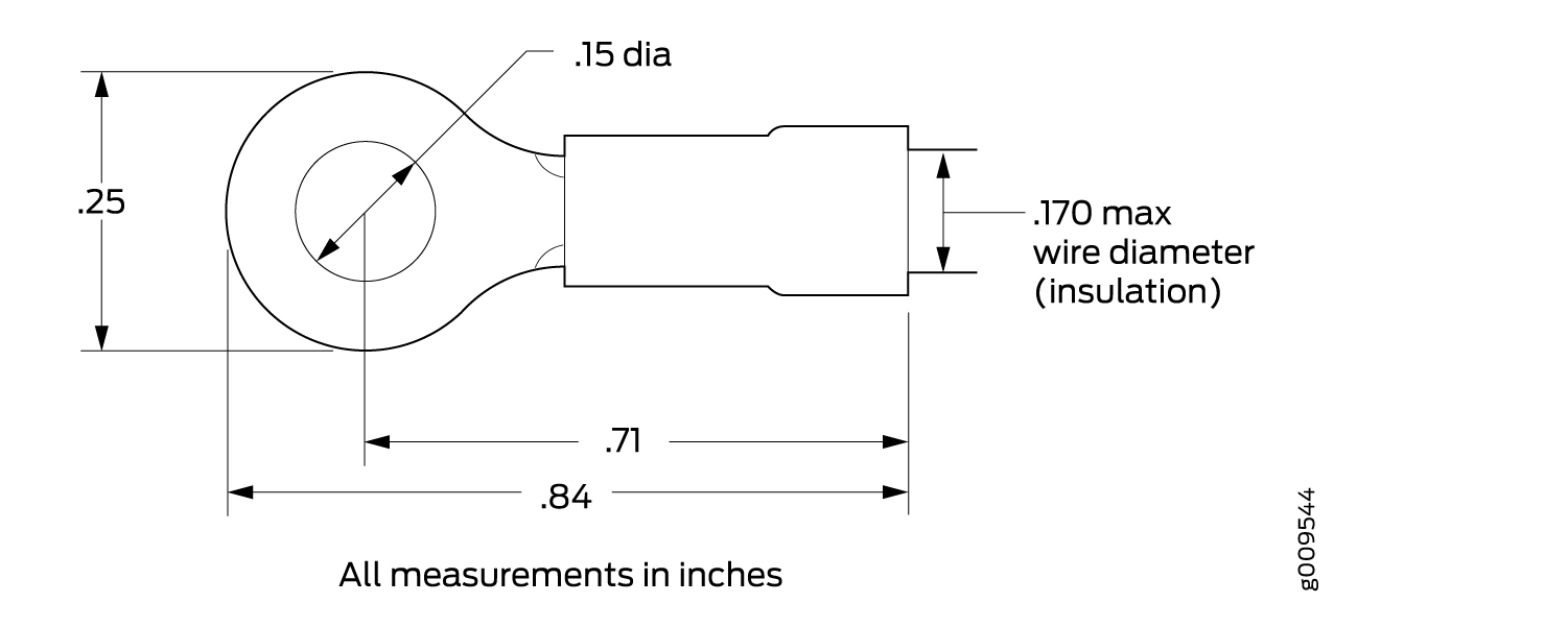 Technical drawing of a ring terminal showing dimensions: length 0.84 inches, width 0.25 inches, ring diameter 0.15 inches, and wire diameter 0.170 inches.