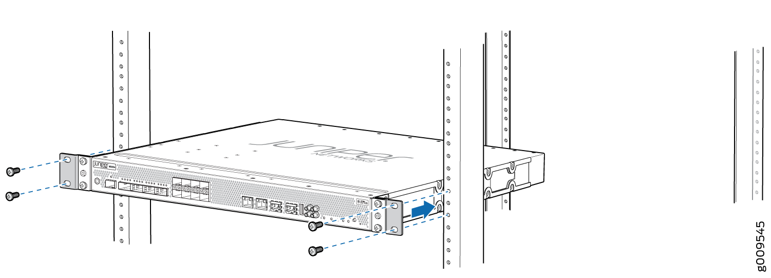 Juniper Networks device being mounted into a 19-inch server rack with blue arrows indicating direction and screws securing it.