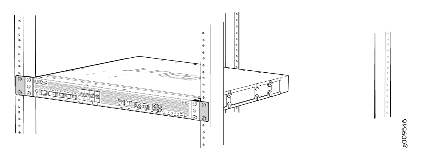 Juniper Networks 1U rack-mounted device with ports, connectors, and indicators in a server rack.