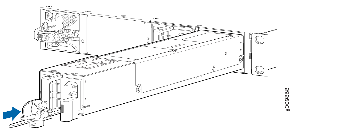Modular server component showing a hot-swappable fan module with a blue arrow indicating removal direction and airflow channels labeled AIR IN.