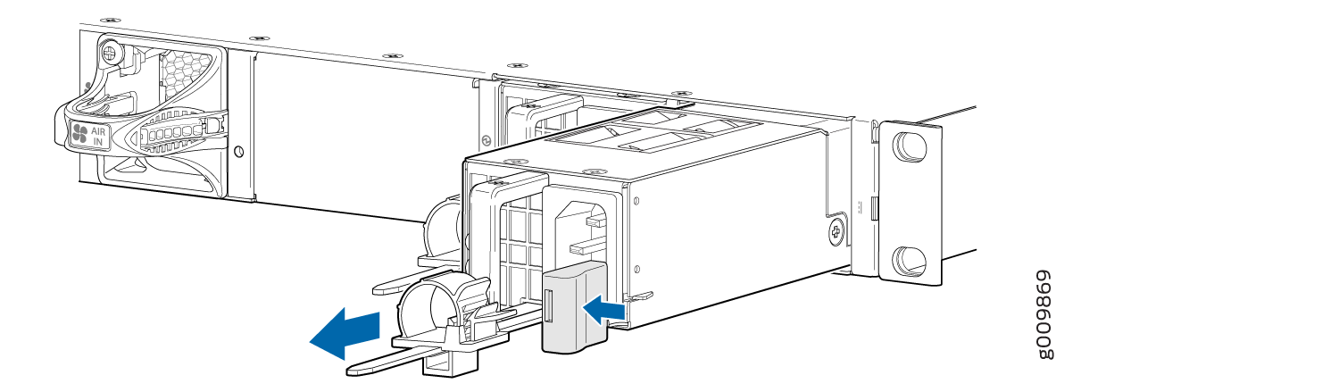 Technical illustration showing PSU removal or installation with blue arrows for movement direction. Includes AIR IN labeled airflow vents for cooling.