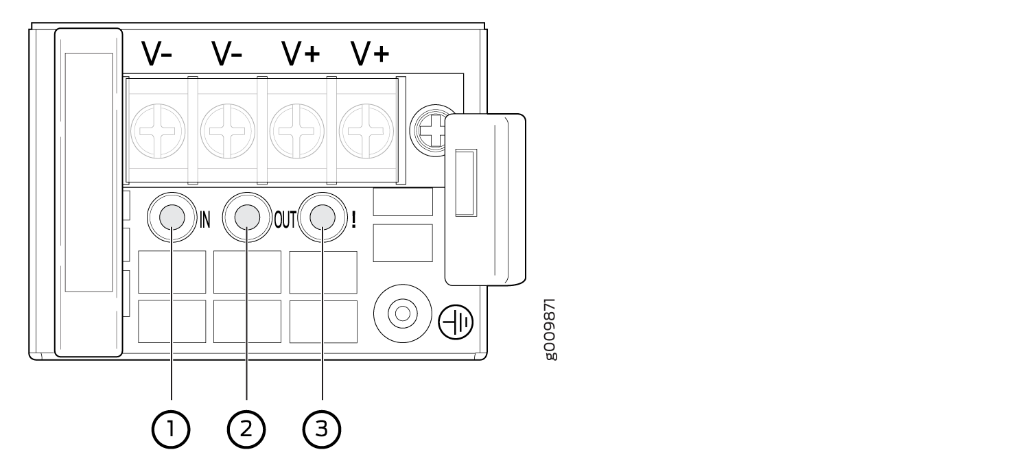 Technical diagram of an electrical device with labeled V- and V+ voltage terminals, IN and OUT terminals, and battery symbol.