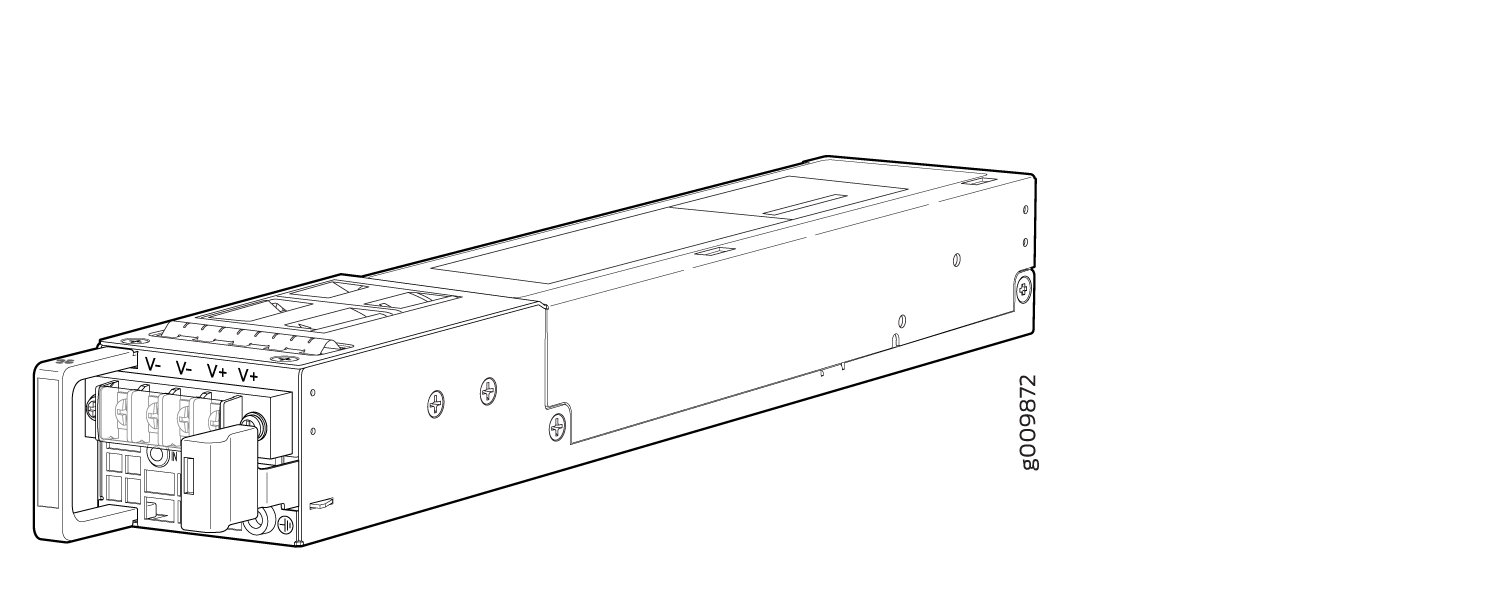 Technical drawing of an electronic module with labeled terminals V- and V+ for electrical connections.