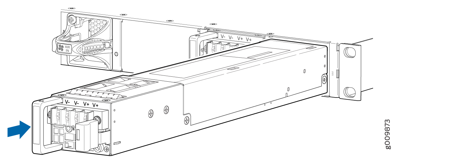 Technical illustration of a modular power supply unit with blue arrow indicating insertion or removal from rack-mounted server.