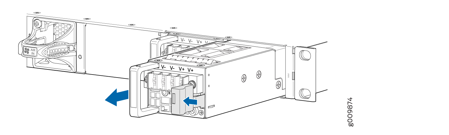 Technical illustration of a modular power supply unit showing module insertion into a rack. Arrows indicate movement. Left side: fan assembly labeled AIR IN for cooling. Right side: electrical terminals labeled V+ and V- for voltage connections.