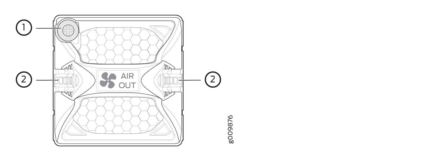 Technical diagram of an air management device with labeled components: top left screw, side connectors, central air outlet with fan icon, and hexagonal filter pattern.