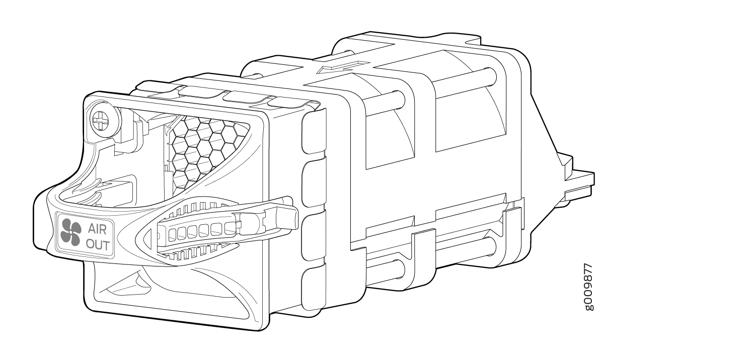 Technical drawing of a component with label AIR OUT indicating an airflow function, featuring a honeycomb pattern suggesting a filter or air outlet housing.