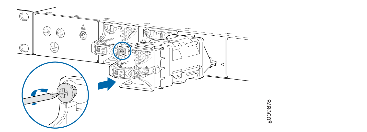 Technical illustration of adjusting AIR IN and AIR OUT modules in rack-mounted system with screwdriver for securing or releasing.